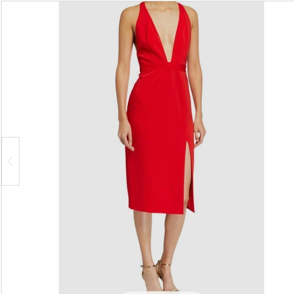 JAYGODFREY Red Deep-V Midi Dress with Side Slit